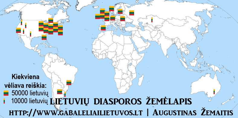 Lietuvių diasporos žemėlapis, kuriame didesnė Lietuvos vėliava reiškia 50 000 diasporos narių, mažesnė – 10 000 narių
