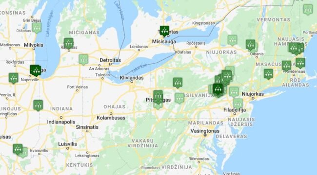 Amerikos lietuvių kapinių žemėlapis. Visas jas, išskyrus Toronto kapines, įkūrė pirmosios bangos emigrantai